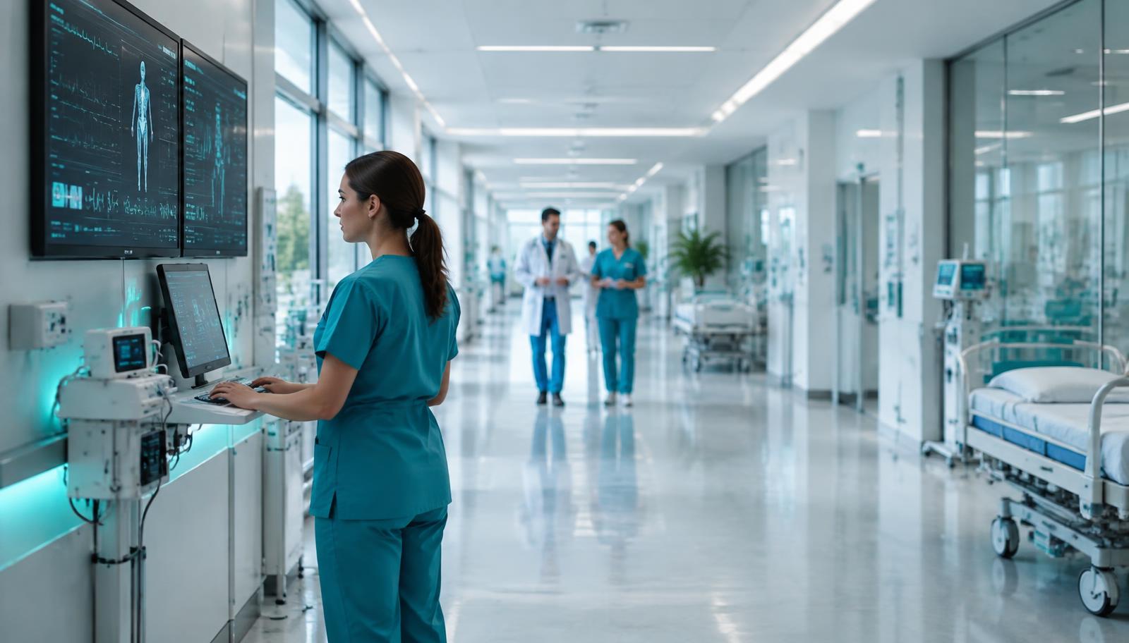 A nurse working at a digital monitoring station in a modern hospital corridor