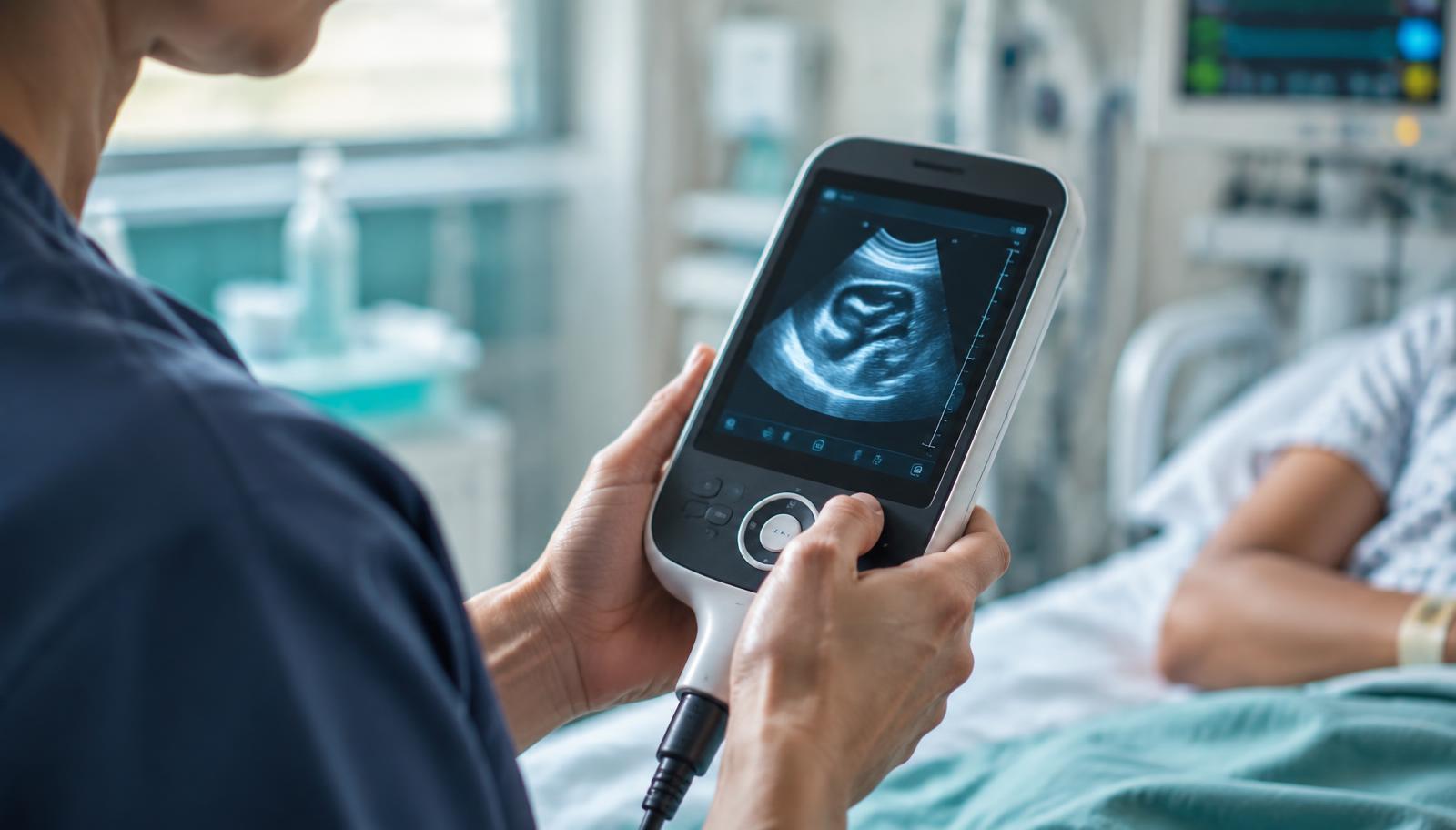 A clinician using a handheld point-of-care ultrasound device at the bedside